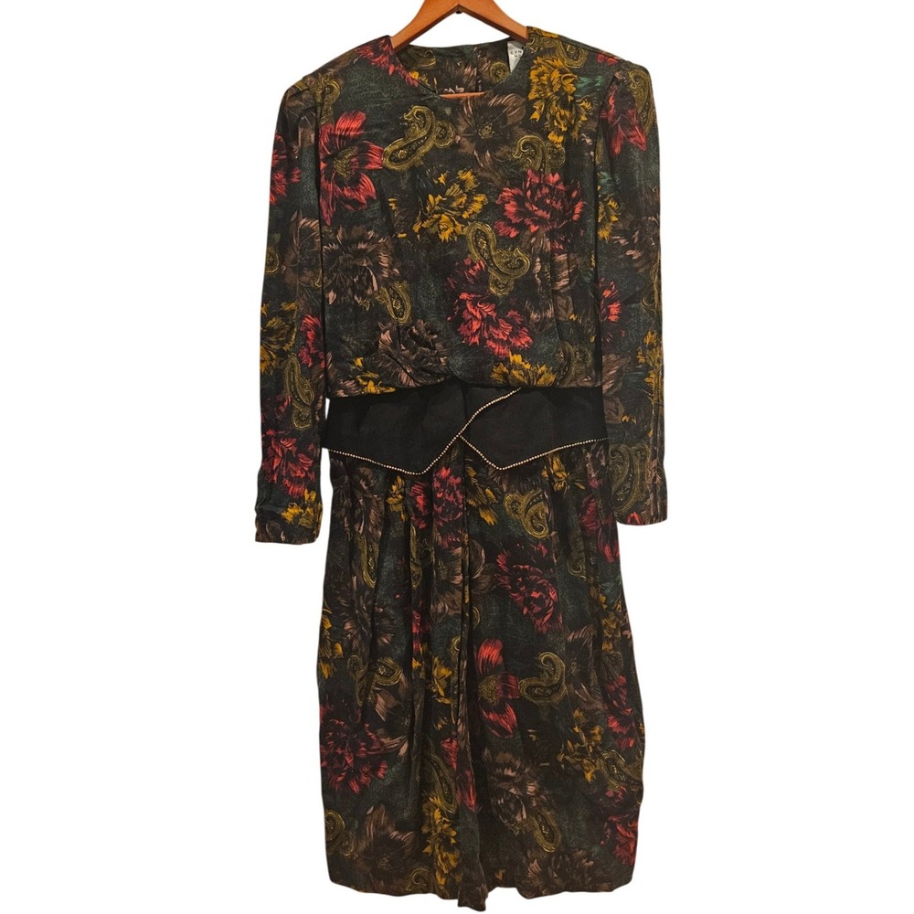 Cynthia Howie Womens Dress Size 12 Floral Paisley Black Red Gold Long Sleeve Y2K